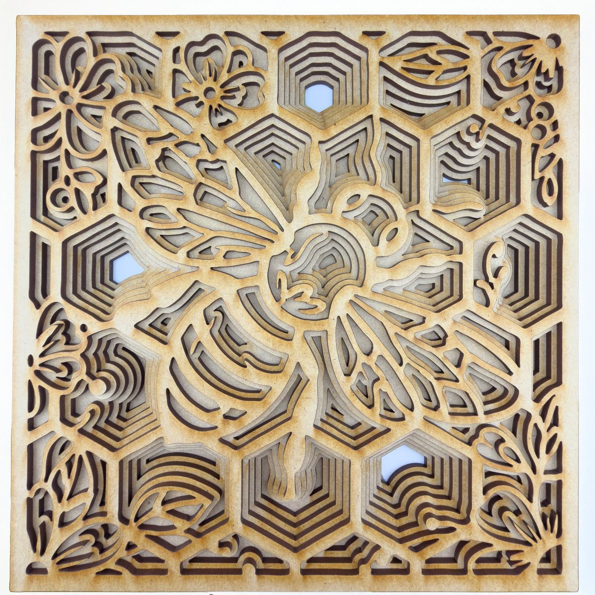 A square layered panel in natural wood showing a butterfly over a honeycomb of hexagons, with pale blue showing through the deepest openings.