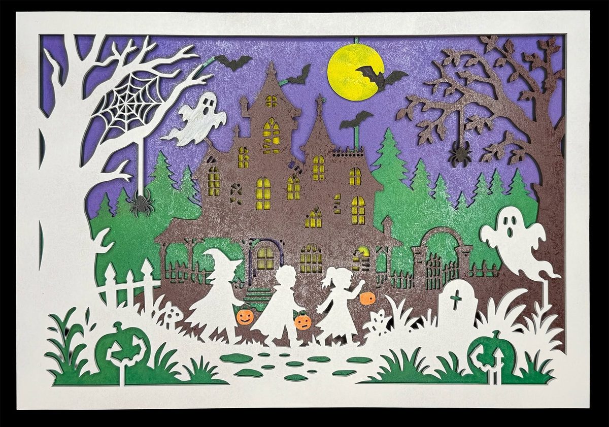 A layered Halloween scene: trick-or-treaters in white sheets walking past a graveyard fence, ghosts among bare trees and a haunted house lit yellow behind, on purple and green layers.