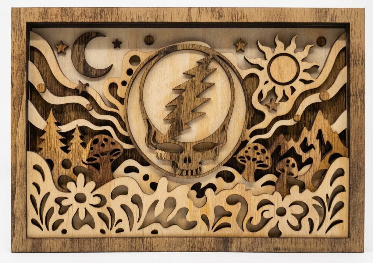 A rectangular layered scene in a stained wooden frame: a skull with a lightning bolt inside a ring at the centre, a crescent moon, stars and a blazing sun in the sky, wavy bands sweeping down past pine trees, mountains and spotted mushrooms, and flowers and leaf shapes cut through the front layer.