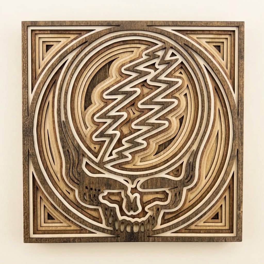 The same square skull-and-lightning-bolt panel, stained: a dark brown frame and top layer over layers in honey and pale natural wood, so each ring round the skull and each step of the corner triangles stands out from the one beneath it.