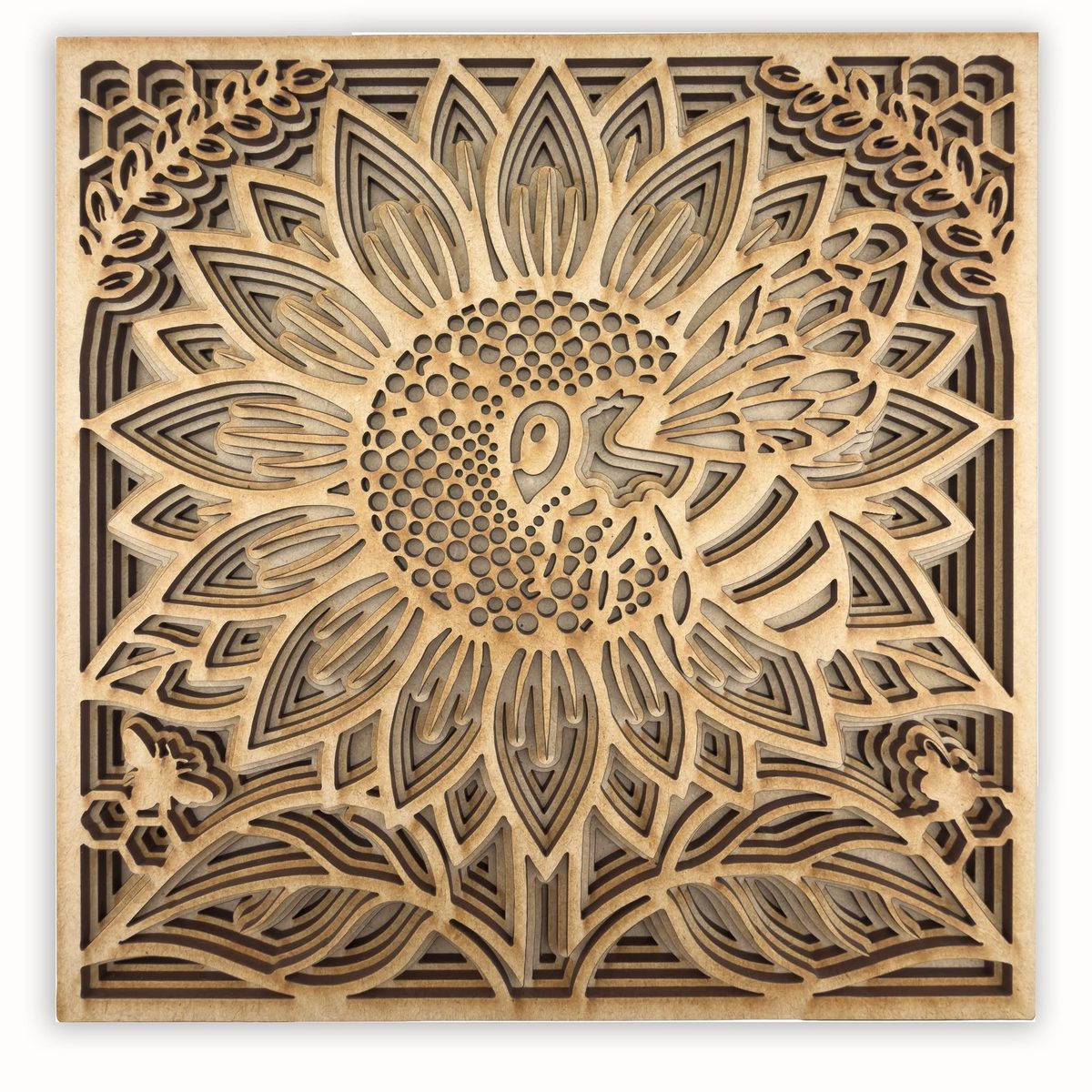 A square layered panel in natural wood: a sunflower filling the frame, its seed head stepped down through several layers.
